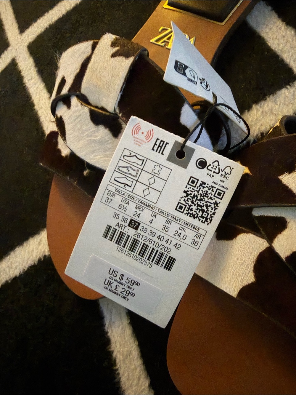 ZARA Cowhide Slide Sandals in Brown & White US 6.5 37 new with tags - Picture 2 of 3